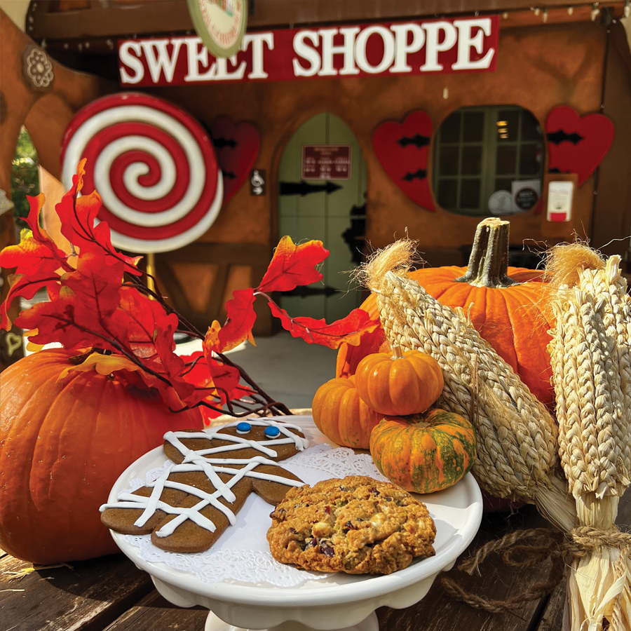 Cookies and pumpkin decor in front of the bakery