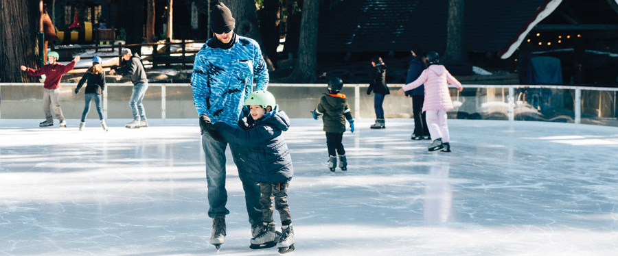 Adult and child ice skating.